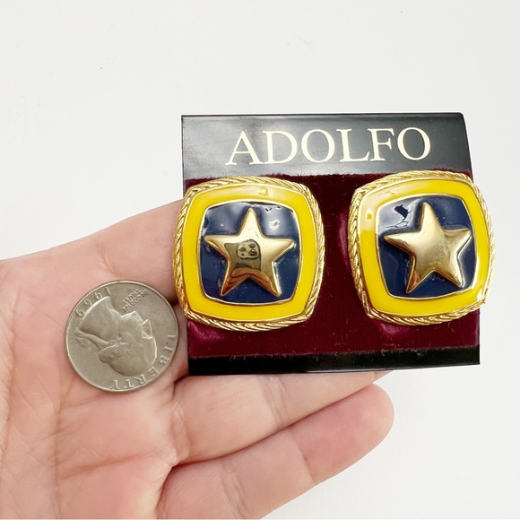 Vintage Adolfo Blue Yellow Enamel Nautical Star Rope Square Clip On Earrings - Picture 2 of 5